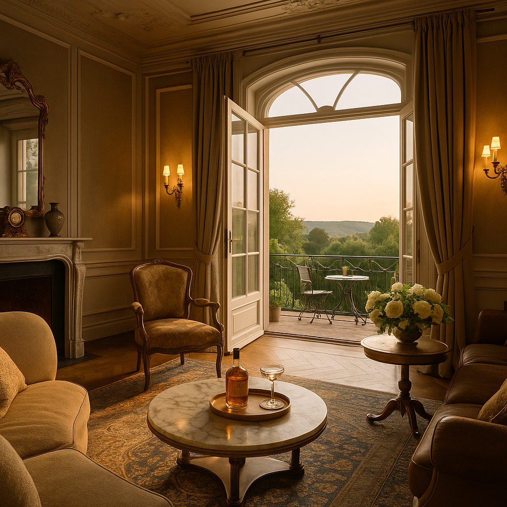 Elegant vardagsrum med öppen balkong och utsikt över naturskön miljö.