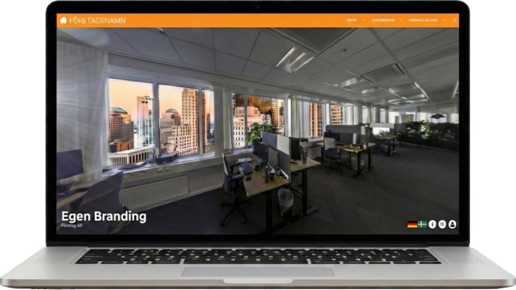 Modernt kontorslandskap med stora fönster och utsikt över staden.