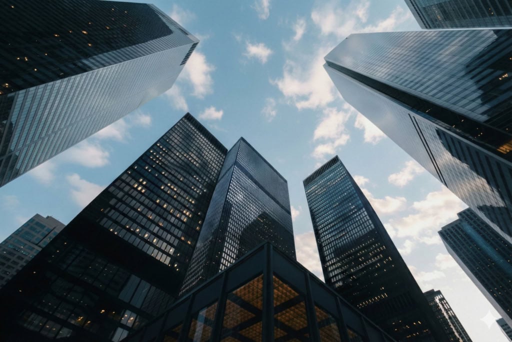 Moderna skyskrapor i centrum med reflektioner i glasfasader och molnigt väder.